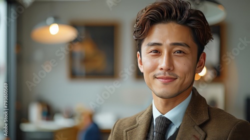A positive and smiling young Japanese businessman in a professional office, exuding confidence and success.