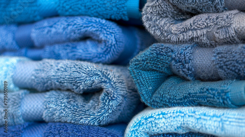 A stack of blue towels with a blue towel on top photo