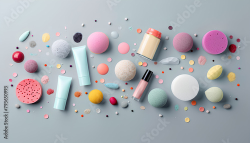 Flying makeup sponges and cosmetics on grey background photo