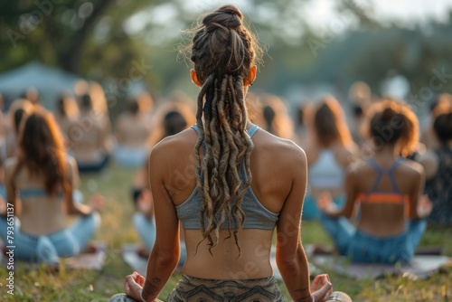 Outdoor Yoga Class in the Park at Sunset with Diverse Group of Women Meditating on Grass