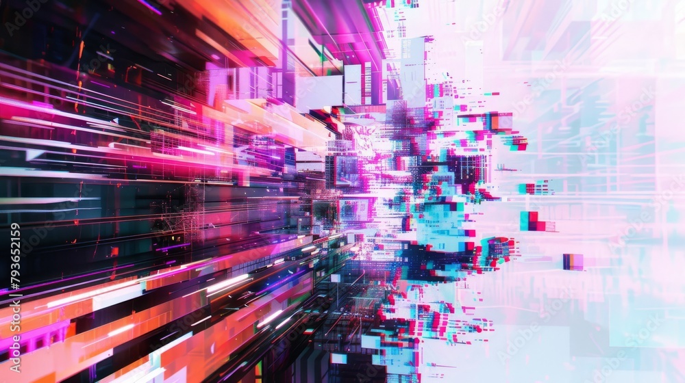 Cyber-inspired glitch effects evoking a sense of digital disruption and experimentation on white