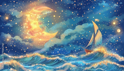 A beautiful painting of a ship sailing on a rough sea under a crescent moon.