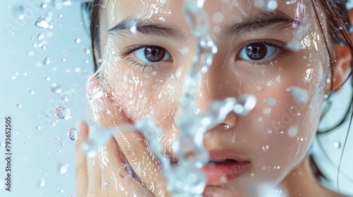 Asian teenager in a soft-lit studio  playful  splashing water on her face  feeling fresh and energetic  styled as clear  realisticgraphy.
