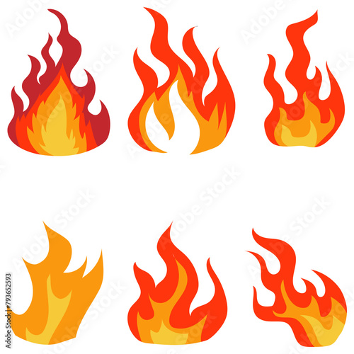 Fire icon set. Fire flame symbol isolated on transparent background.