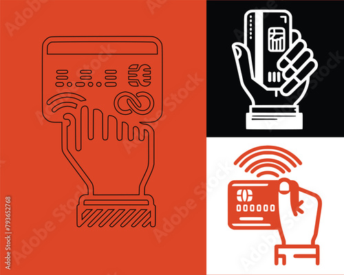 Contactless NFC wireless pay sign logo. Credit card nfc payment vector concept. Hand with NFC Payment Credit Card Icon. Vector