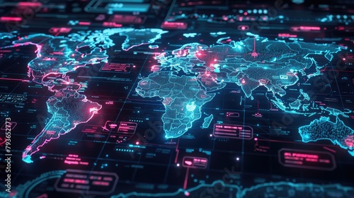 Digital Business World Neon Map Highlighting Technology