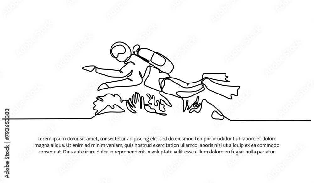 Continuous line design of   exploring diving around coral reefs. Single line decorative elements drawn on a white background.