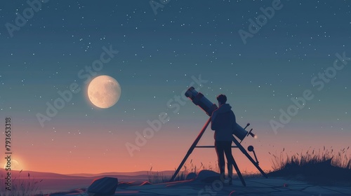 Astronomer in an observatory, dreamy, gazing through a telescope, wonder and ambition, styled as a stark, simple composition.