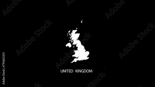 Digital revealing and zooming in on United Kingdom Country Map Alpha video with Country Name revealing background | United Kingdom country Map and title revealing alpha video for editing template