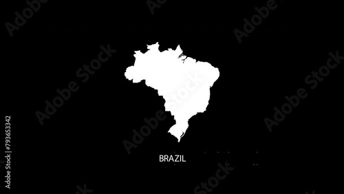 Digital revealing and zooming in on Brazil Country Map Alpha video with Country Name revealing background | Brazil country Map and title revealing alpha video for editing template conceptual
