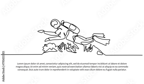 Continuous line design of   exploring diving around coral reefs. Single line decorative elements drawn on a white background.