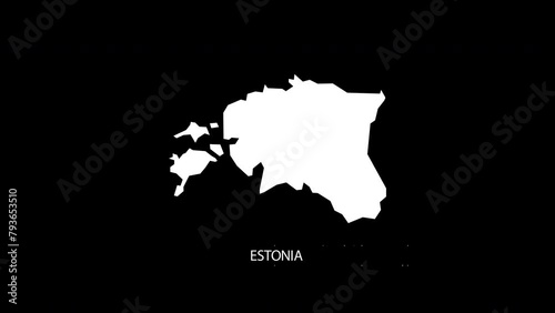 Digital revealing and zooming in on Estonia Country Map Alpha video with Country Name revealing background | Estonia country Map and title revealing alpha video for editing template conceptual