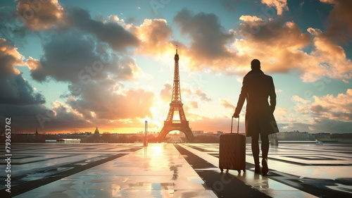 back view of a man walking in Paris next to the eiffel tower with a suitcase © dobok