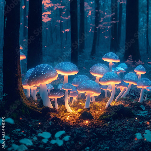 Image of glowing mushrooms in forest at twilight. Ai Generated. 