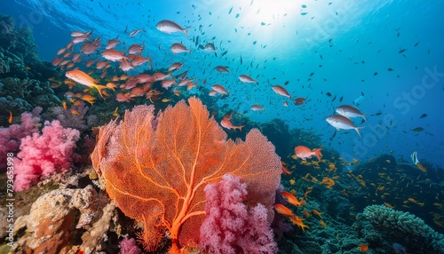 life in a coral reef  where technicolor fish dart among swaying sea fans  and vibrant coral formations provide sanctuary for a myriad of marine creatures