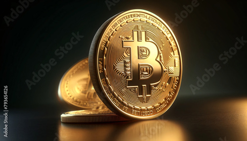 golden Bitcoin coins. One coin stands upright, prominently in the foreground photo