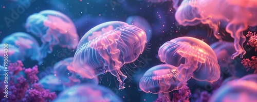 Glowing jellyfish swimming with coral in a mystical underwater scene.