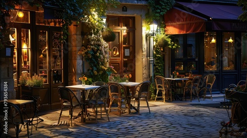 Outdoor restaurant at dusk. illuminated building exterior and dining tables on a cobbled street © Afeefa_Rehman