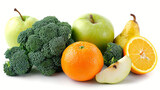 A vibrant assortment of fresh fruits and vegetables, including apples, pears, oranges, and broccoli, displayed against a clean white background.This wholesome selection is perfect for promoting health