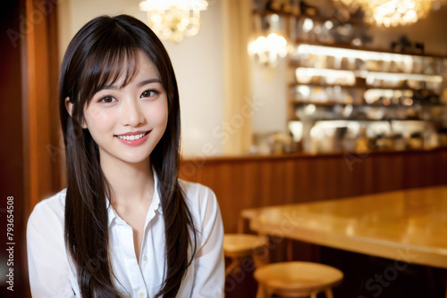 笑顔でカフェで打ち合わせ・仕事をするOL・女性社員・ロングヘアの日本人女性(美人モデル)	