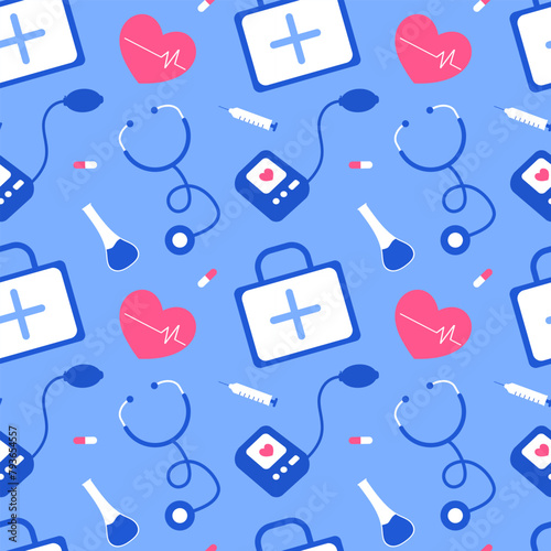 Doctors Day Seamless Pattern Design with Medical Equipment in Template Hand Drawn Cartoon Flat Illustration