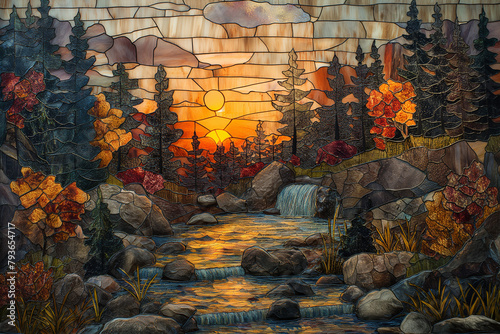 stained glass waterfall in autumn forest