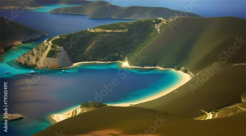Aerial view of the Mediterranean coastline with sandy beaches, azure waters, and lush greenery, capturing the beauty of Greece's coastal landscape photo