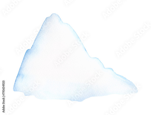 Watercolor illustration of a winter snowy mountain isolated on a white background, hand-drawn. A decorative element for a holiday, design, decoration. A lonely ice iceberg, a block. A mountain peak