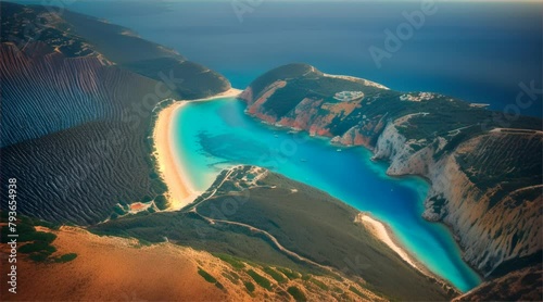 Aerial view of the Mediterranean coastline with sandy beaches, azure waters, and lush greenery, capturing the beauty of Greece's coastal landscape photo
