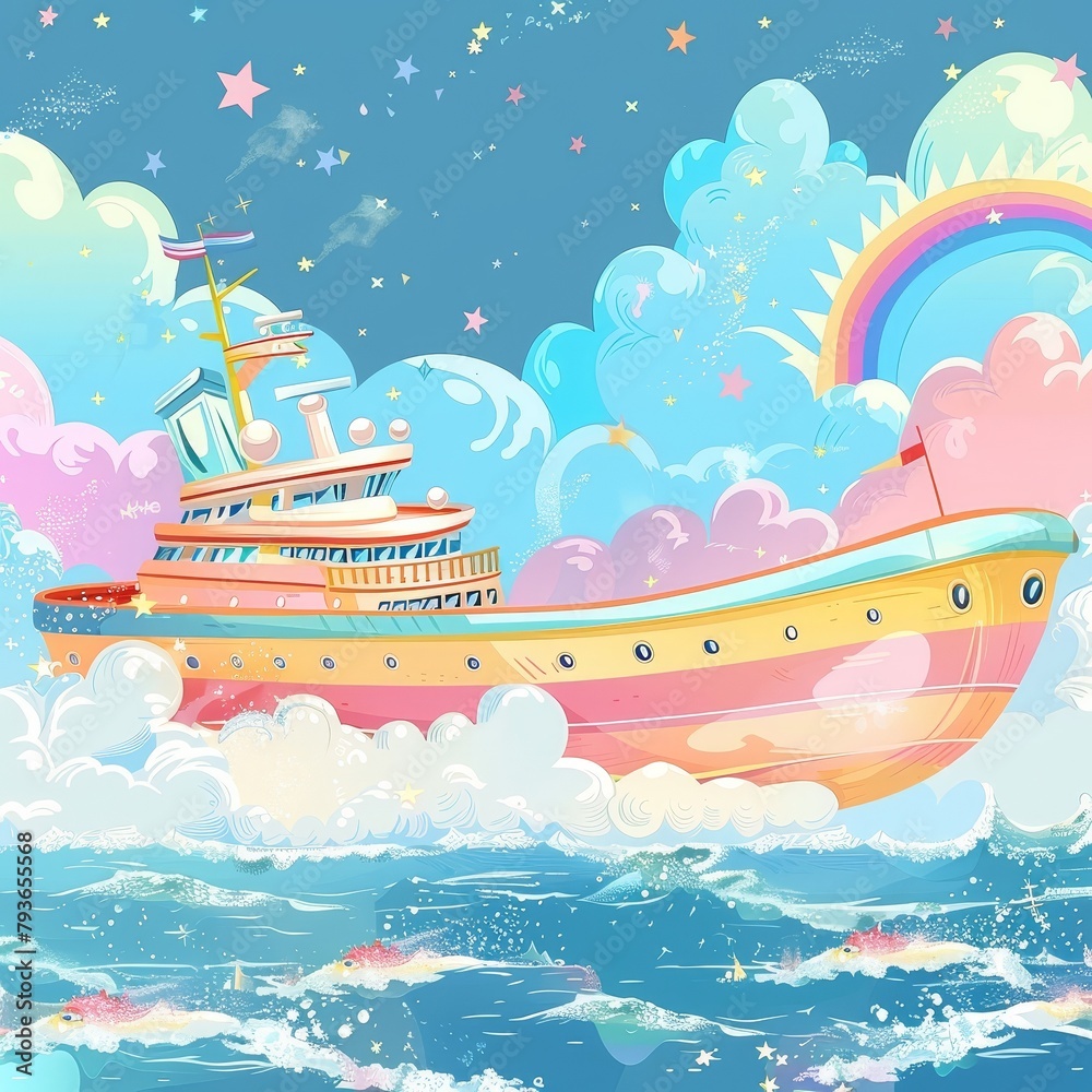 A cute cartoon boat is sailing on the sea with a rainbow in the sky.