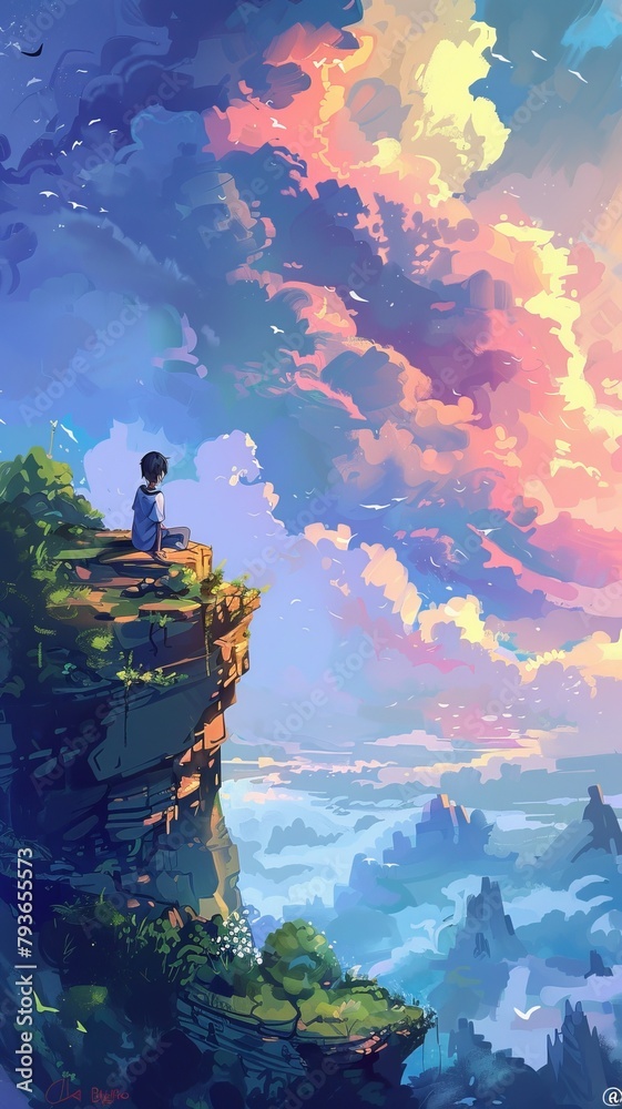 A boy sits on a cliff and gazes out at the beautiful landscape of mountains and clouds.