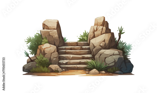 stairs made of rocks in natural landskape vegetation isolated vector style illustration -