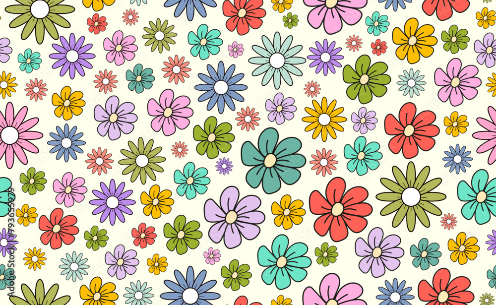 Funny Groovy seamless pattern in trendy retro style. Y2k collection. Retro y2k style. Retro hipster y2k pattern. Groovy seamless patterns with Daisy Flower. Floral naive vector pattern in Hippie 70s  