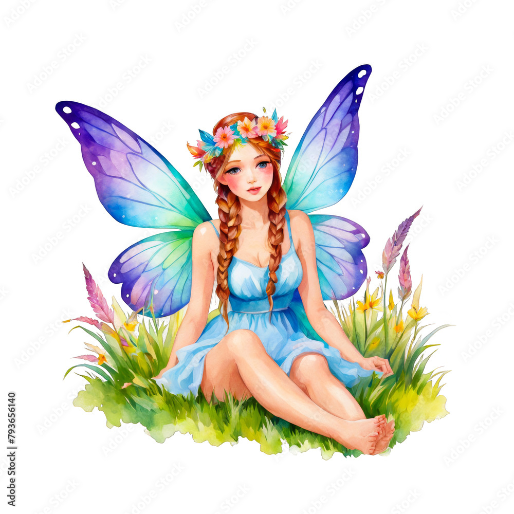 A fairy girl with fantasy aura wings raided hairs sitting in meadow grass field watercolor illustration clipart isolated, for picture books, magical A fairy girl with fantasy aura wings raided hairs sitting in meadow grass field watercolor illustration clipart isolated, for picture books, magical