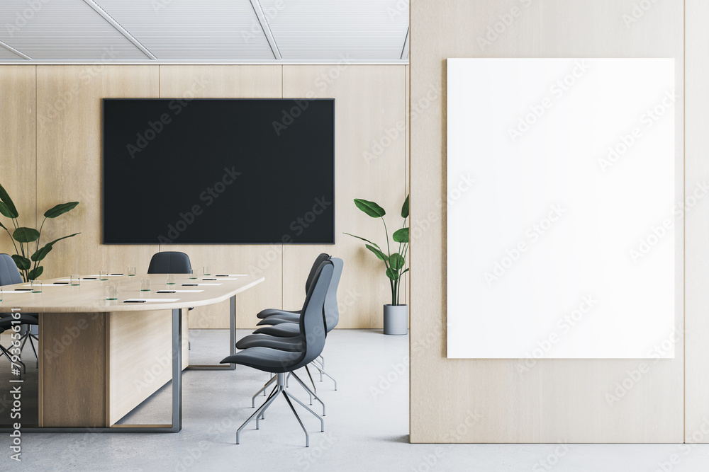 Modern wooden and concrete meeting room interior with furniture empty place white banner on wall and black mock up screen. 3D Rendering.