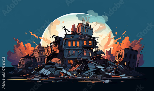 destroyed city demolished buildings vector flat isolated illustration