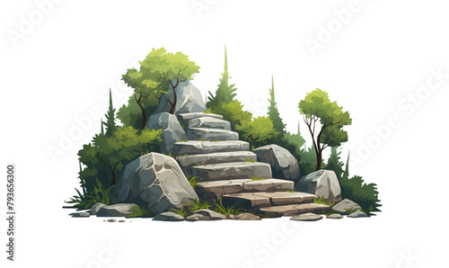 stairs made of rocks in natural landskape vegetation isolated vector style illustration -