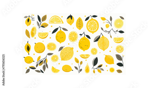Hand drawn abstract lemons set. Collection of whole and cut lemons, branches, leaves vector cartoon illustrations isolated on transparent backgroun