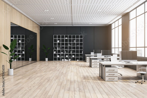 Clean wooden and concrete coworking office interior with panoramic window  city view and daylight. 3D Rendering.
