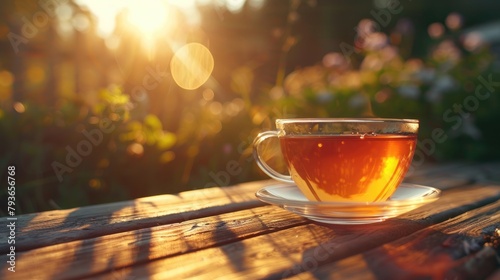 A high quality photograph of a cup of tea on a wooden table under the sun capturing both warm and cool tones