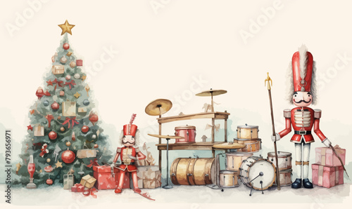 Watercolor Christmas illustration вЂ“ Nutcracker: Ballerina, soldier, rocking horse, Christmas tree, gifts, mouse king, Christmas toys, retro toys, star, musical trumpet, drum.