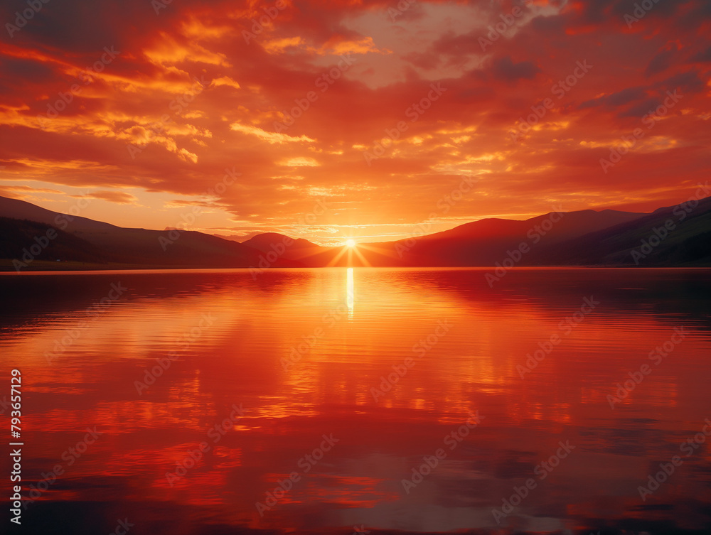 Fototapeta premium Golden sunset sky, red sunset reflecting over the lake, mountains in the distance.