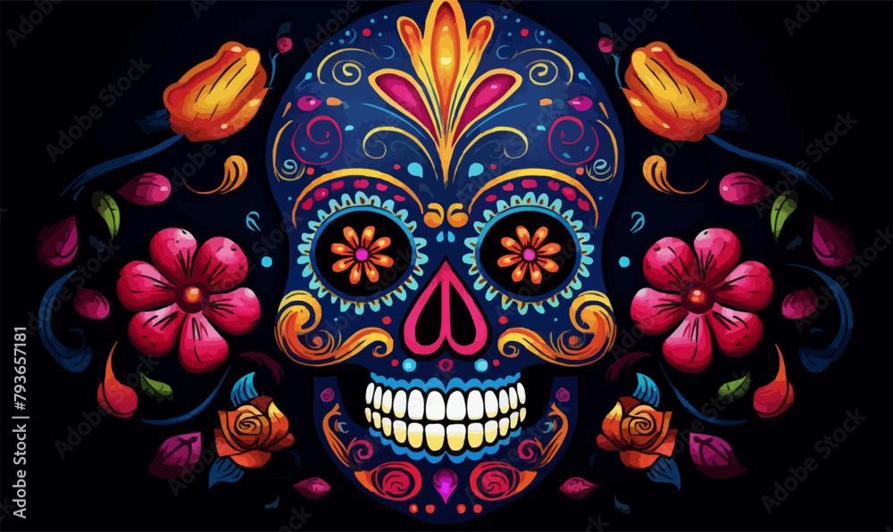 ornate dia de los Muertos skull day of the dead sugar skull calavera vector illustration --ar 5:3 --v 5.2 Job ID: 4c84987e-2fbf-4724-8f6f-e28d373f672d