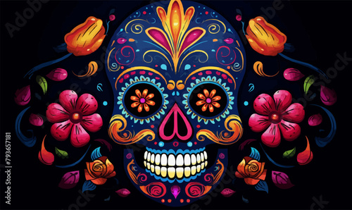 ornate dia de los Muertos skull day of the dead sugar skull calavera vector illustration --ar 5:3 --v 5.2 Job ID: 4c84987e-2fbf-4724-8f6f-e28d373f672d
