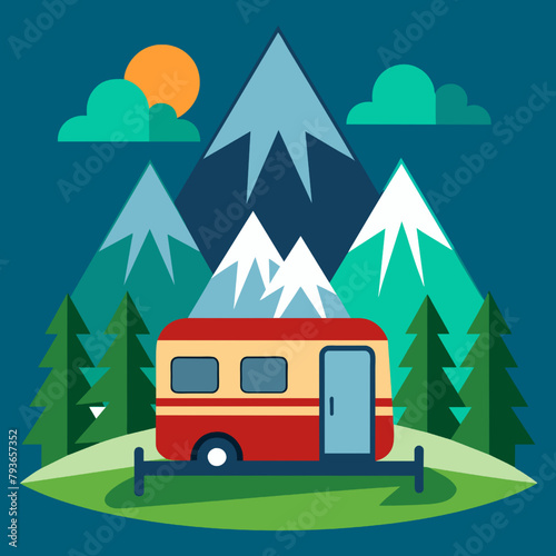 Camping trailer in the mountains. Flat design. Vector illustration. © wannasak