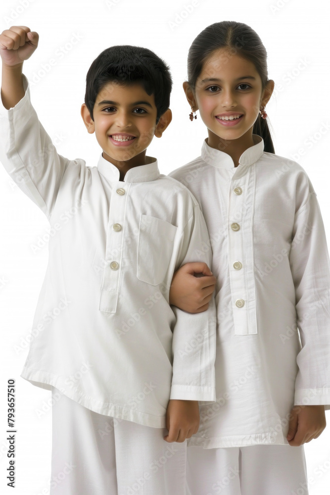 Indian Independence Day. Indian boy and girl stand in white traditional clothes Indian Independence Day. Indian boy and girl stand in white traditional clothes