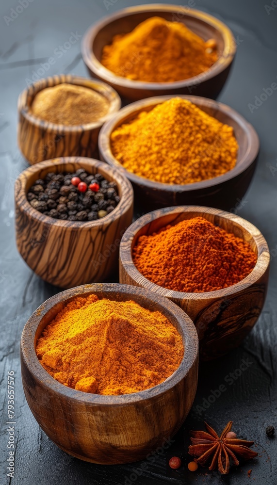 Assorted gourmet spices and seasonings displayed in rustic wooden bowls on dark background Assorted gourmet spices and seasonings displayed in rustic wooden bowls on dark background