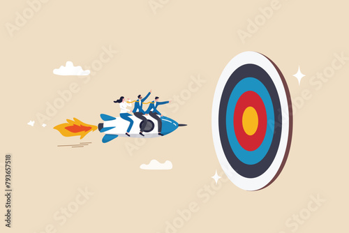 Team target achievement, reaching goal or success, teamwork strategy, challenge or aspiration to win together, leadership to lead team concept, business people riding rocket to reach target bullseye.