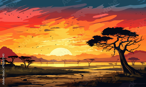 Africa vector landscape illustration in around