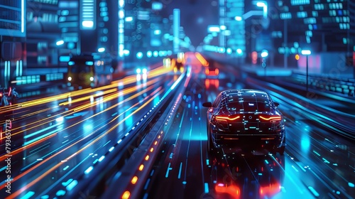 Futuristic scene showcasing AI algorithms predicting and preventing traffic accidents